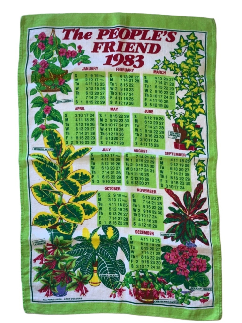 Unbranded Green White Kitchen Linens 1983 Calendar Tea Towel One Size